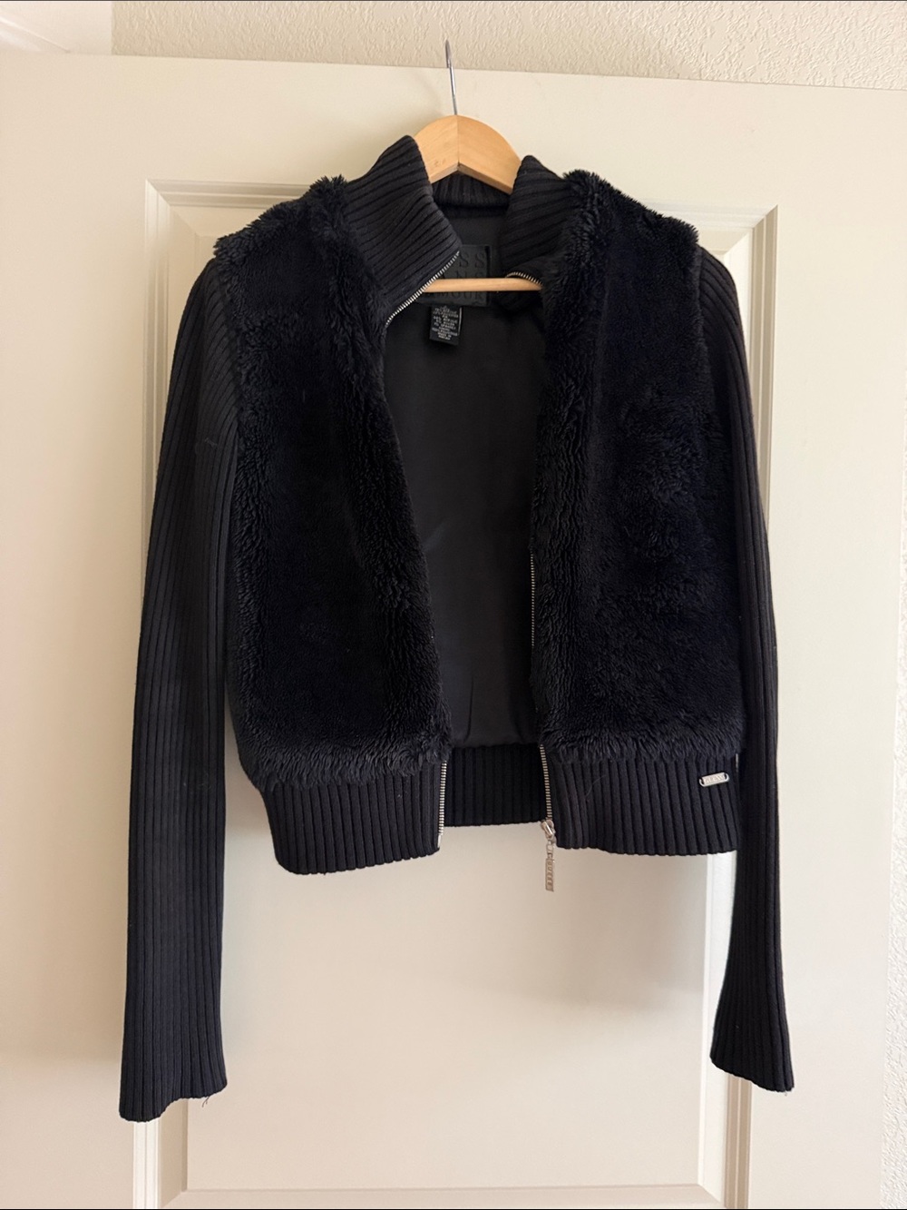 Guess Black Teddy Faux-Fur Ribbed Zip Jacket - Women's